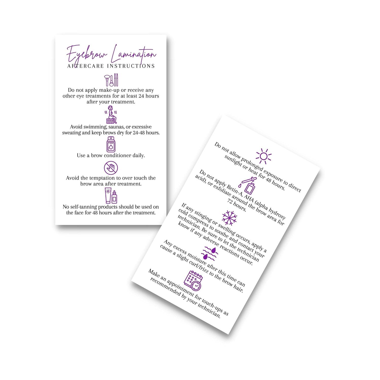 Brow Lamination Aftercare Card | 50 Pack | 2x3.5 inches Business Card Size | Starter Lift Kit At Home DIY Brow Lift and Tint | Snatched Brows White with Purple Design