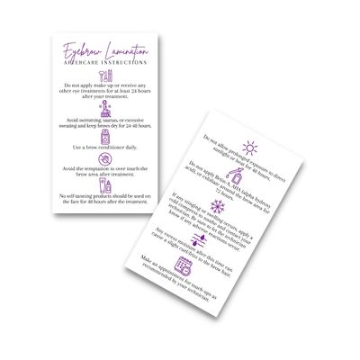 Brow Lamination Aftercare Card | 50 Pack | 2x3.5 inches Business Card Size | Starter Lift Kit At Home DIY Brow Lift and Tint | Snatched Brows White with Purple Design