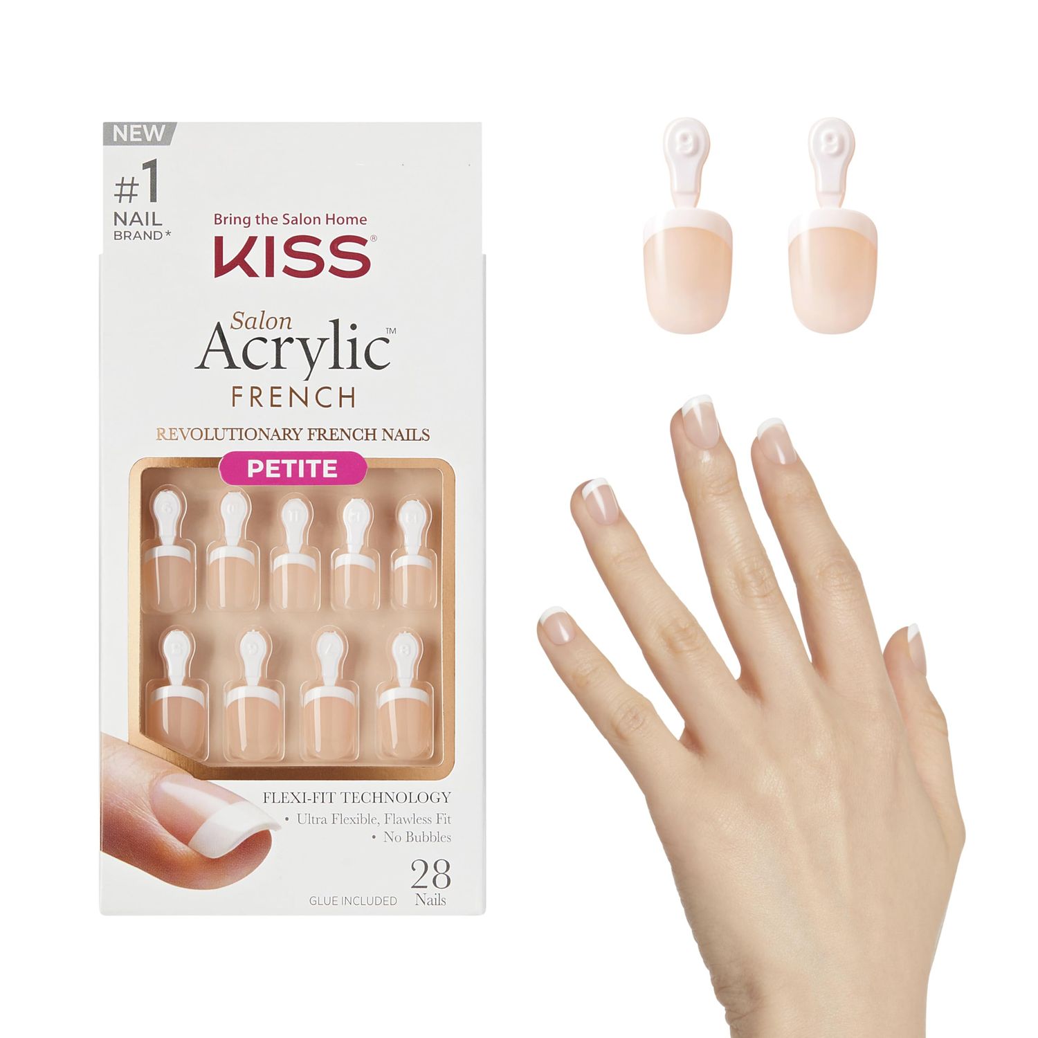 KISS Salon Acrylic, Press-On Nails, Nail glue included, &#39;Crush Hour&#39;, French, Petite Size, Squoval Shape, Includes 28 Nails, 2g Glue, 1 Manicure Stick, 1 Mini File