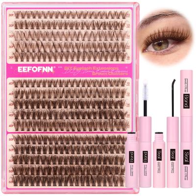 Eefofnn Brown Eyelash Clusters Kit 300 Pcs Natural Lash Clusters Kit 30P40P50P Brown Cluster Eyelash Extensions Kit Wispy Individual Lashes Bond and Seal Glue Fluffy Lashes Extension Kit DIY at Home