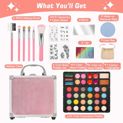 Anpro All-In-One Makeup Carry Case with Pro Teen Makeup Set, Full Starter Cosmetics Kit with Makeup Brushes, Eye Shadows Palette, Blushes, Glitter Gel, Temporary Tattoo Stickers - Pink