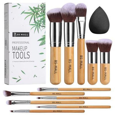 BS-MALL Makeup Brush Set 11Pcs Bamboo Synthetic Kabuki Brush Set Foundation Powder Blending Concealer Eye shadows Blush Cosmetics Brushes with Organizer Bag &amp; Makeup Sponge