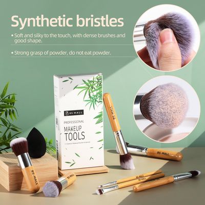 BS-MALL Makeup Brush Set 11Pcs Bamboo Synthetic Kabuki Brush Set Foundation Powder Blending Concealer Eye shadows Blush Cosmetics Brushes with Organizer Bag &amp; Makeup Sponge