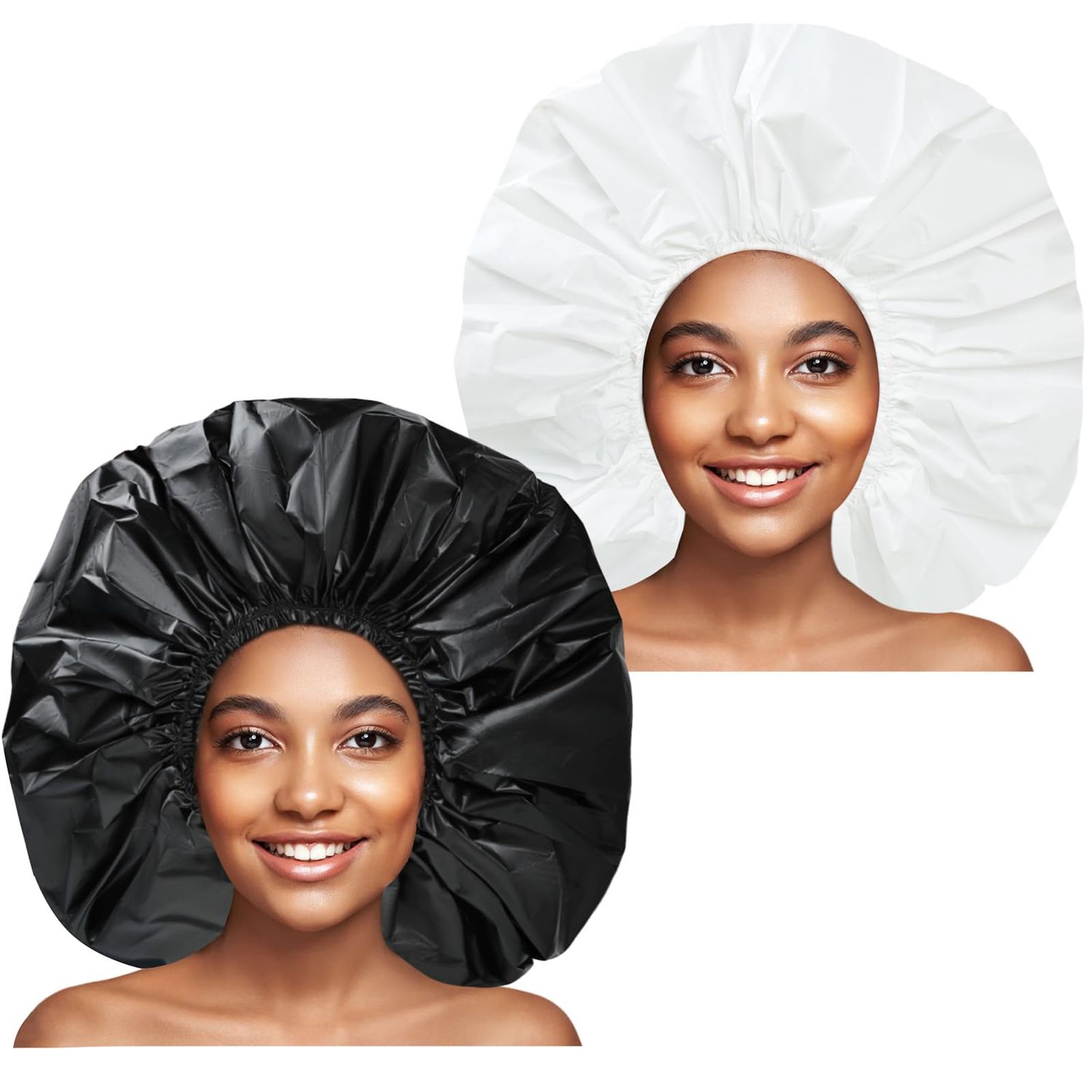 Super Jumbo Shower Cap 2 PCS Waterproof Shower Caps for Women, Extra Large Shower Cap, Reusable Super Large Bath Caps Hair Cap for Long Thick Curly Hair, Locs, Twist Braids - Black  White