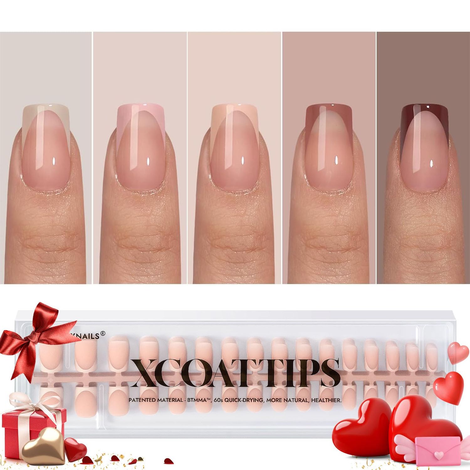BTArtboxnails XCOATTIPS Press on Nails - French Tip Press on Nails, Fake Nails Short Square Nail Tips, Skin Tones Soft Gel Nails False Nail, Soak Off Acrylic Nails Valentines Day Gift