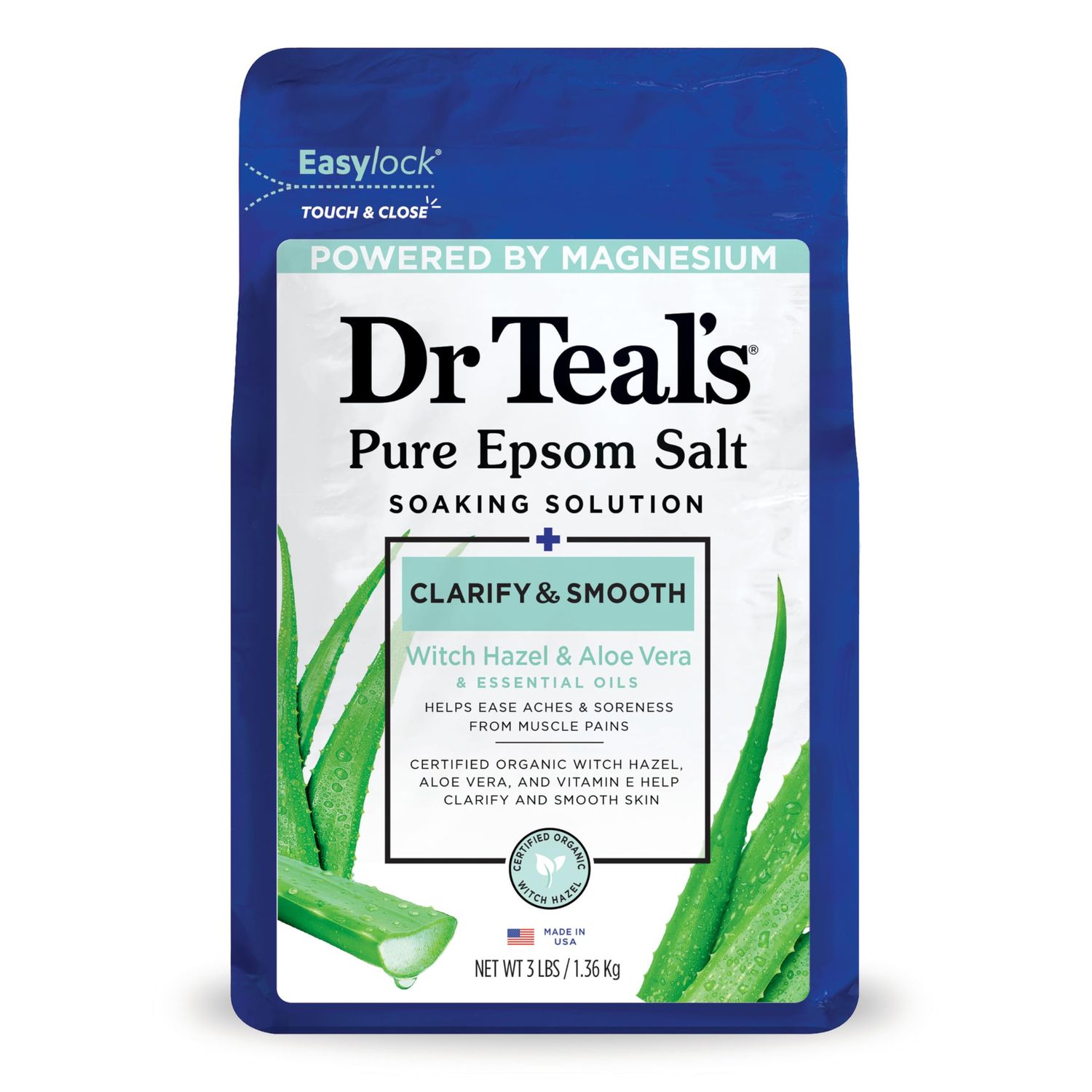 Dr Teal&#39;s Epsom Salt Magnesium Soak, Clarify &amp; Smooth with Witch Hazel &amp; Aloe Vera, 3 lbs