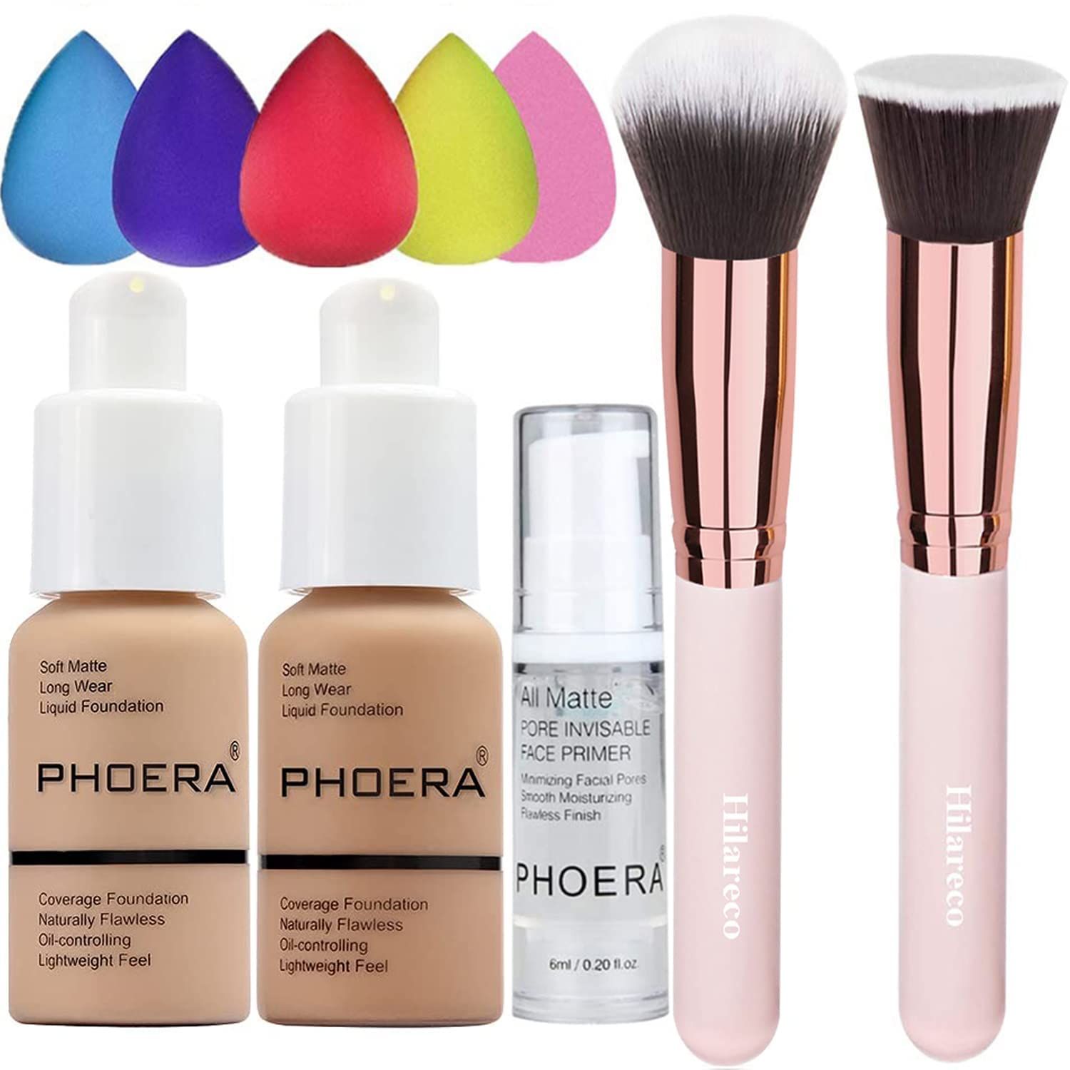 PHOERA Foundation 104 and 105 &amp; Face Primer,Liquid Full Coverage Foundation Set,Foundation Brush Powder Brush,5 Makeup Sponge,30ml PHOERA 24HR Matte Oil Control Concealer (104 Buff Beige  105 Sand)