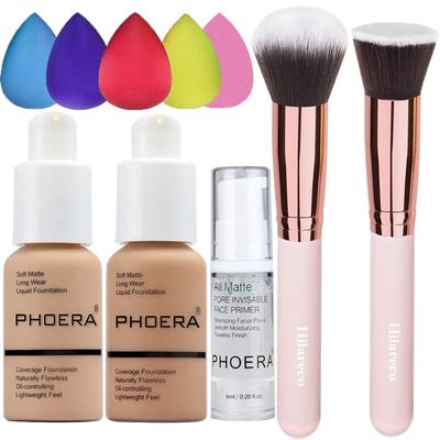 PHOERA Foundation 104 and 105 &amp; Face Primer,Liquid Full Coverage Foundation Set,Foundation Brush Powder Brush,5 Makeup Sponge,30ml PHOERA 24HR Matte Oil Control Concealer (104 Buff Beige  105 Sand)