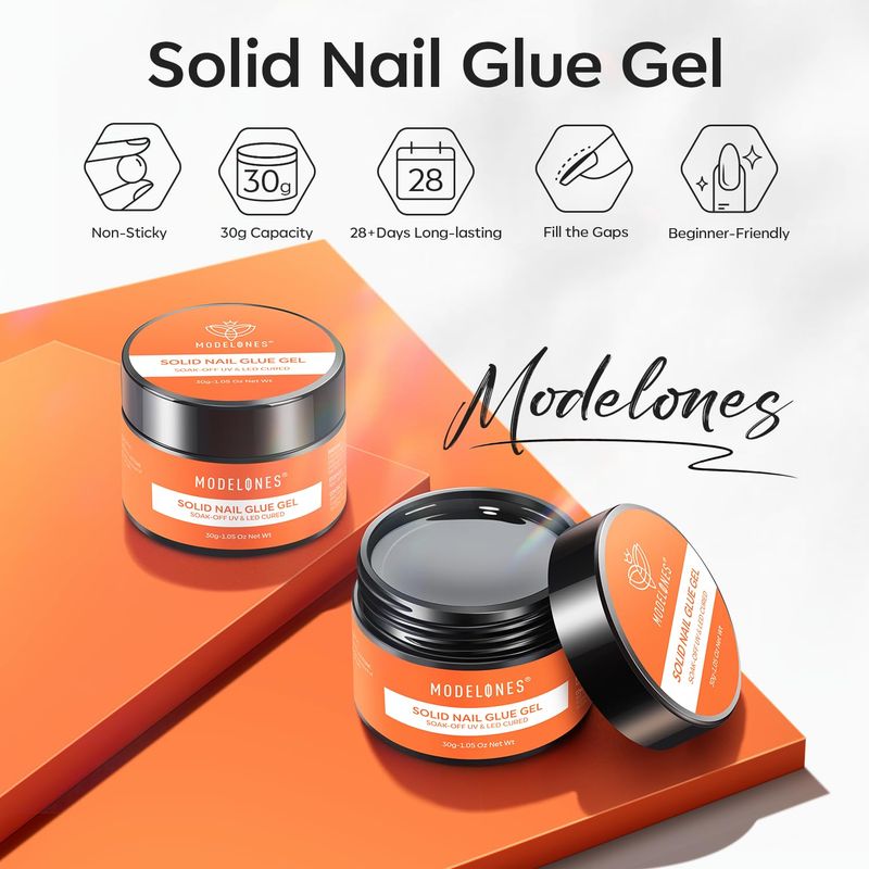 Modelones Soild Nail Glue Gel, 30g Soild Nail Glue for Press On Nails, Nail Tips and Acrylic Nails, Solid Gel Nail Glue, Long-Lasting Strong Adhesion Solid Gel Nail Art DIY Home, Need UV Light Cured