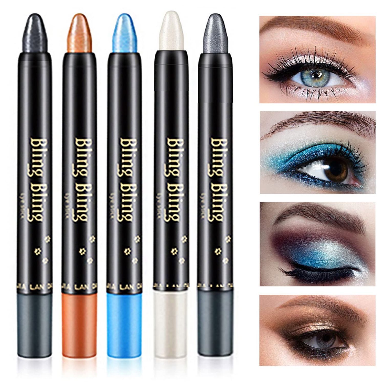 WYBLZPXZ 5 Colors Glitter Eyeshadow Stick Color Set,Waterproof Shimmer Pearl Cream Eyeshadow Pencil,Long Lasting Smooth Eyeshadow Stick Eye Shadow Pencil Crayon Eye Shadow Stick Makeup