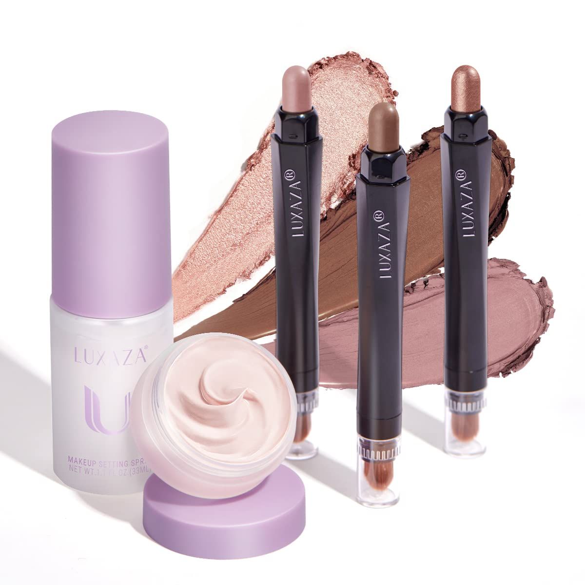 LUXAZA 3Pcs Eyeshadow Stick,Shimmer And Matte Neutral Eye Shadow Sticks Pencil Crayon With Eyeshadow Primer And Setting Spray,3-in-1 Eye Makeup Kit-Waterproof