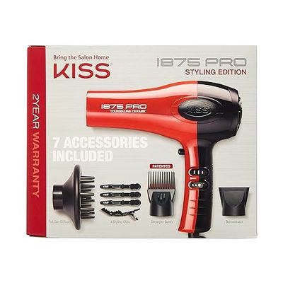KISS 1875 Watt Pro Tourmaline Ceramic Hair Dryer, 3 Heat Settings, 2 Speed Slide Switch, Cool Shot Button, 2 Detangler Combs, 1 Concentrator, 1 Diffuser, Removable Filter Cap &amp; 4 Sectioning Clips