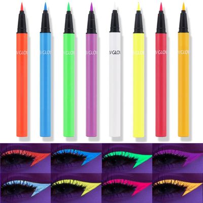 8 Colors Neon Colorful Liquid Eyeliner Makeup Set Kit Glow in the Dark Bright Rainbow Matte Colored Pigmented Graphic Liquid Eyeliners Pen Set for Body Face Paint Delineador de ojos lquido de nen