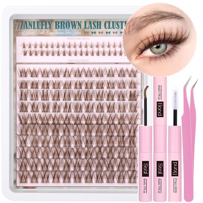 Brown Lash CLusters Kit with Bottom Lash Clusters Wispy Brown DIY Lash Extension Kit Natural C Curl Eyelash Clusters Invisible Band Lash Clusters with Lash Bond and Seal Lash Applicator