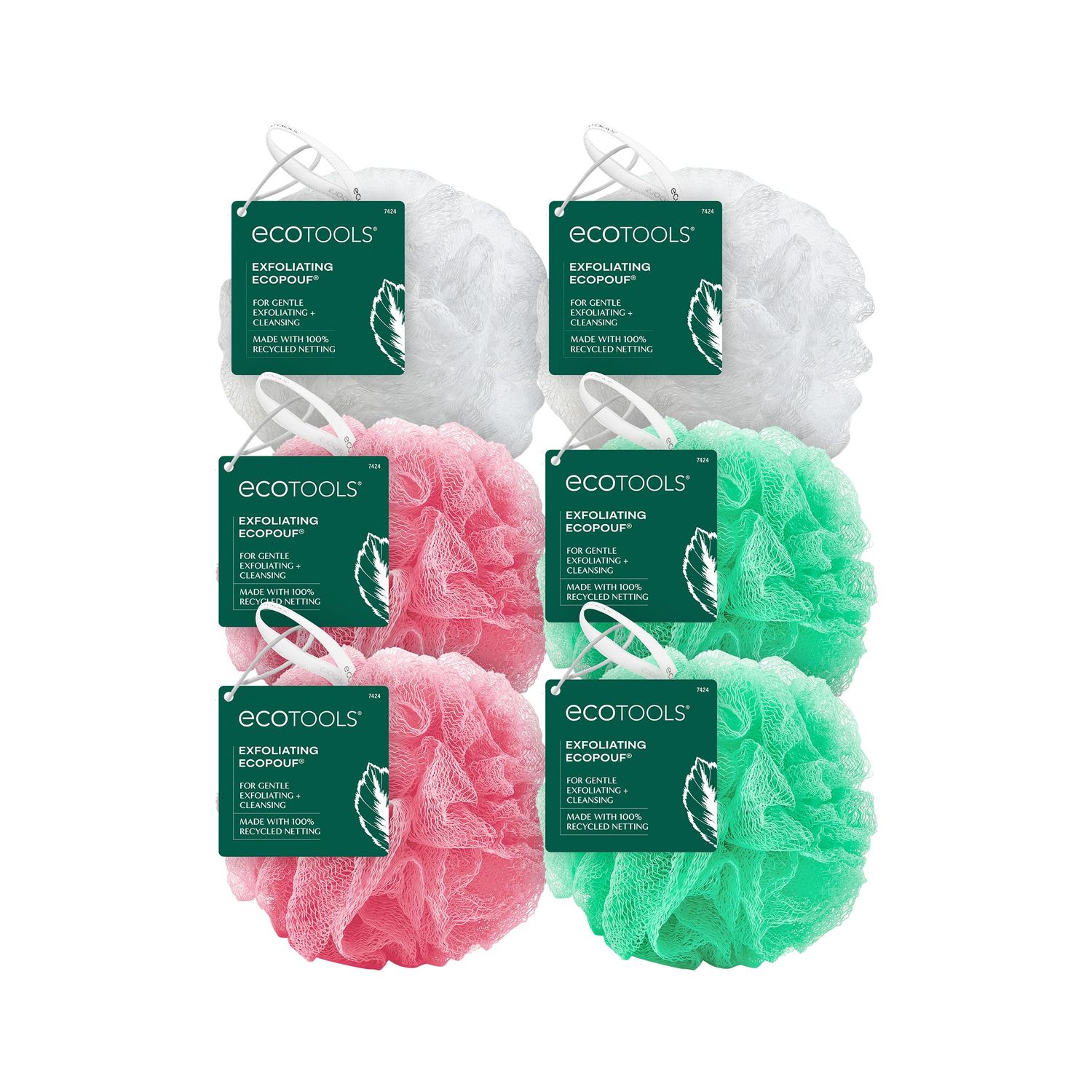 EcoTools Exfoliating EcoPouf, Shower Loofah Scrubs &amp; Cleanses, Pouf with Recycled Netting, Exfoliation Removes Dead Skin, Eco-Friendly Bath Accessory, Cruelty-Free, Color May Vary, 6 Count (60g)