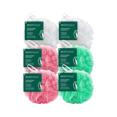 EcoTools Exfoliating EcoPouf, Shower Loofah Scrubs &amp; Cleanses, Pouf with Recycled Netting, Exfoliation Removes Dead Skin, Eco-Friendly Bath Accessory, Cruelty-Free, Color May Vary, 6 Count (60g)