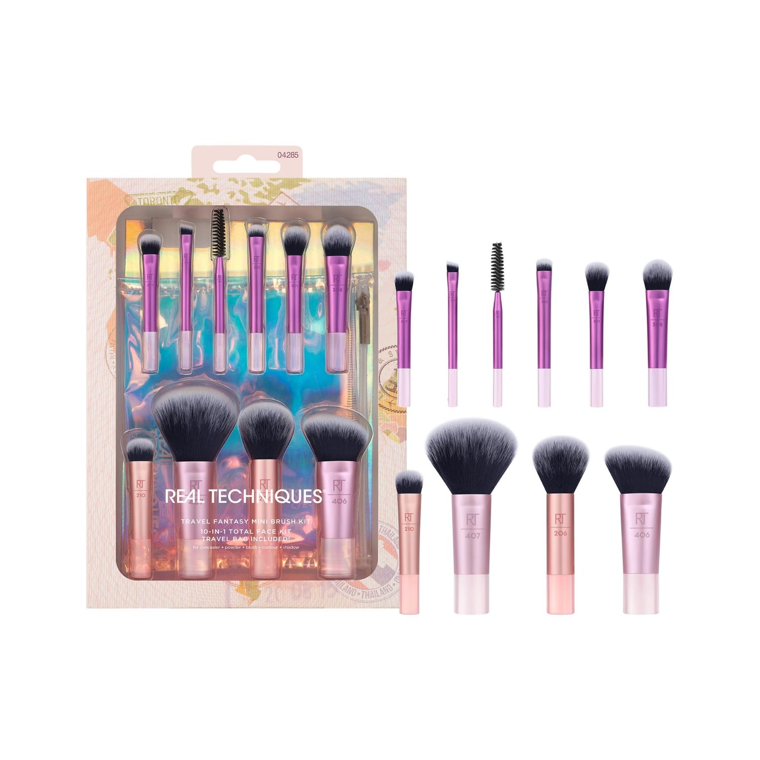 Real Techniques 11 Piece Travel Fantasy Mini Brush Set, Travel Size Makeup Brushes For Foundation Eyeshadow, Powder, Blush, Contour, &amp; Concealer, Makeup Bag Included, Gift Set, Cruelty-Free