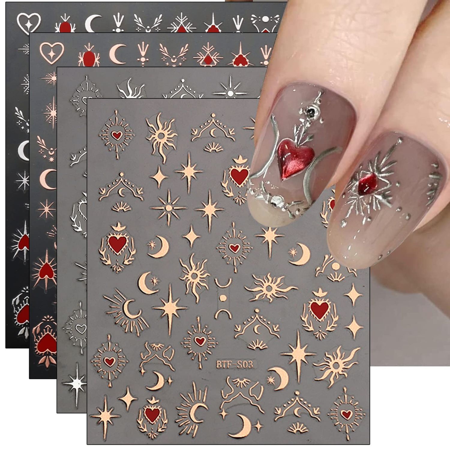 JMEOWIO 9 Sheets Moon Star Nail Art Stickers Decals Self-Adhesive Pegatinas Uas Sun Nail Supplies Nail Art Design Decoration Accessories