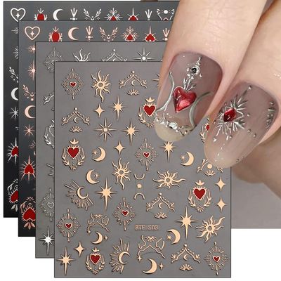 JMEOWIO 9 Sheets Moon Star Nail Art Stickers Decals Self-Adhesive Pegatinas Uas Sun Nail Supplies Nail Art Design Decoration Accessories