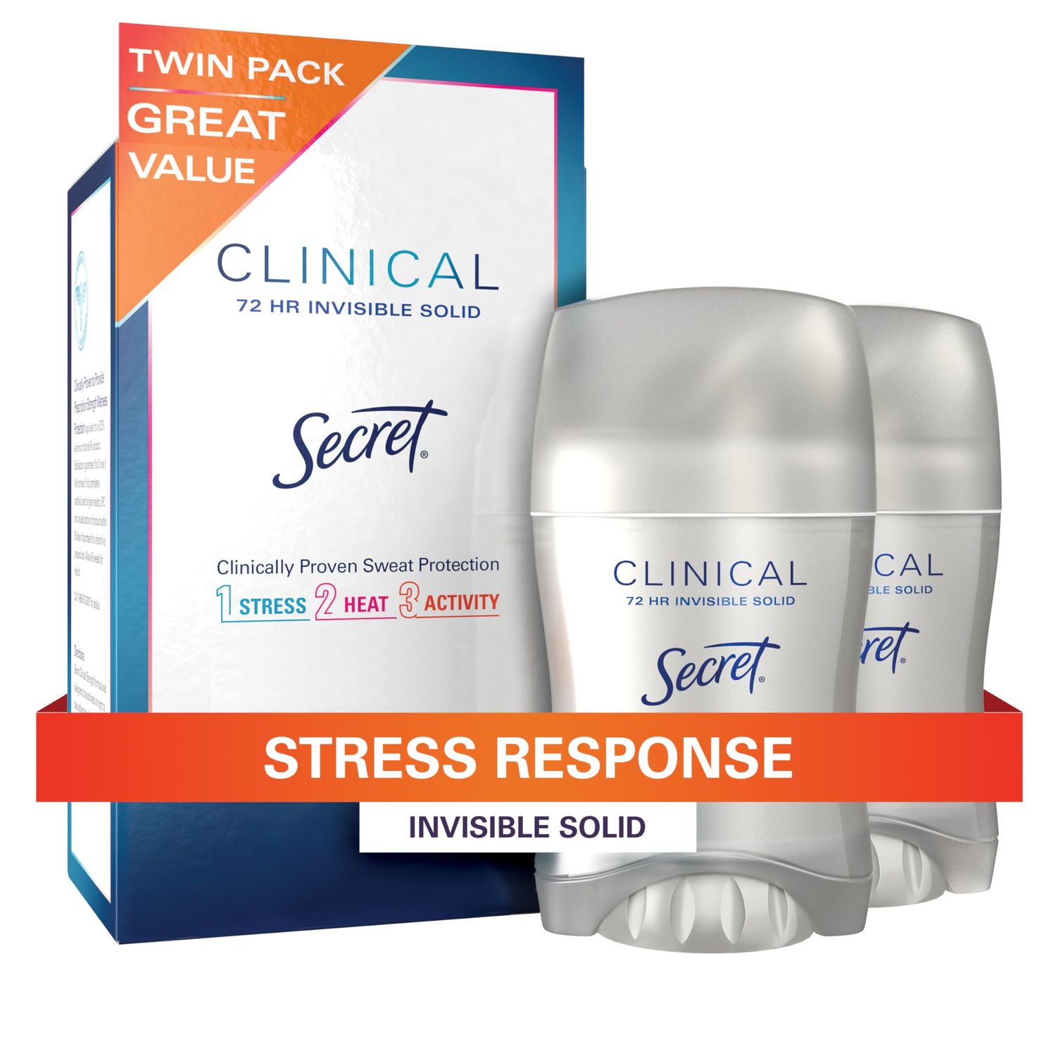 Secret Clinical Strength Antiperspirant and Deodorant for Women, Stress Response, 3X Stress Sweat Protection, PH Balancing Minerals, Invisible Solid, 1.6 oz (Pack of 2)