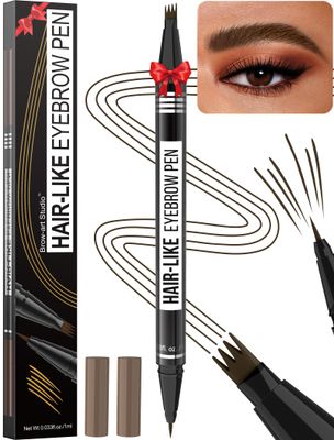 Microblading Eyebrow Pen - Eyebrow Pencil Magical 2-in-1 Dual-Ended Waterproof Eye Brow Pencils for Women with 4-Fork-Tip &amp; Precise Brush-Tip for Natural Hair Like Strokes, Last All-Day, Black Brown