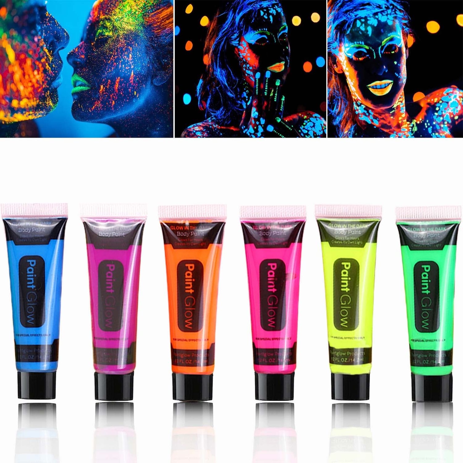 6 Pcs Glow in the Dark Face Body Paint,Blacklight Neon Face &amp; Body Paints,Easily Cleanable Face &amp; Body Paint Set Neon Body Makeup Glow in the Dark Party Supplies