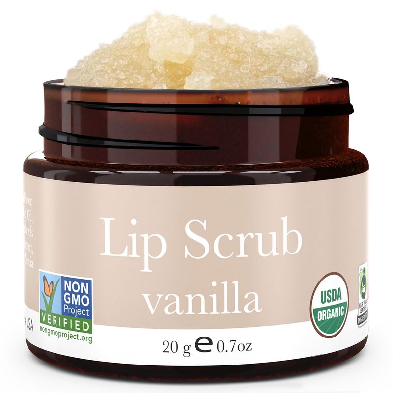 USDA Organic Lip Scrub Vanilla - USA Made All Natural Lip Exfoliator, Moisturizing Scrub for Dry Lips, Lip Scrubber Exfoliator &amp; Sugar Scrub for Smooth Lips, Small Beauty Gifts
