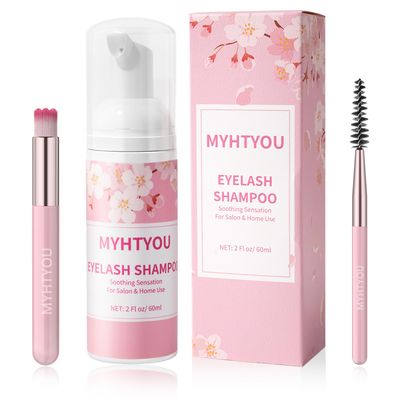 Eyelash Extension Cleanser, BREYLEE Upgraded Eyelash Extension Shampoo 60MLMascara WandBrush Eyelash Foam Cleanser For Extensions and Natural Lashes