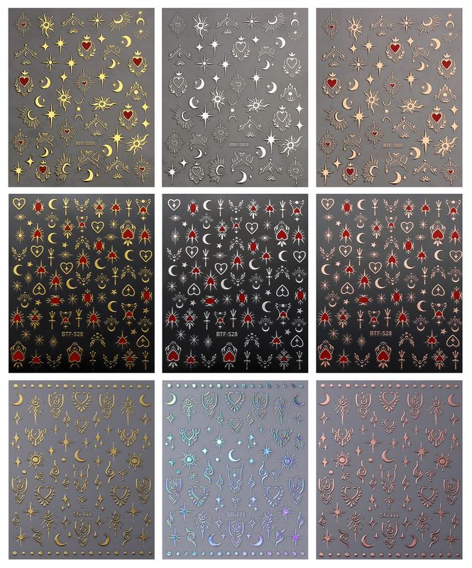 JMEOWIO 9 Sheets Moon Star Nail Art Stickers Decals Self-Adhesive Pegatinas Uas Sun Nail Supplies Nail Art Design Decoration Accessories