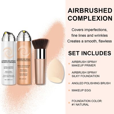 AirBrush Foundation Spray With Airbrush Primer, Silky Mist Foundation Spray Makeup, Full Coverage Foundation for Smooth Radiant, Formula Breathable Lightweight Hydrating (01 Natural, 2.36FL.OZ)