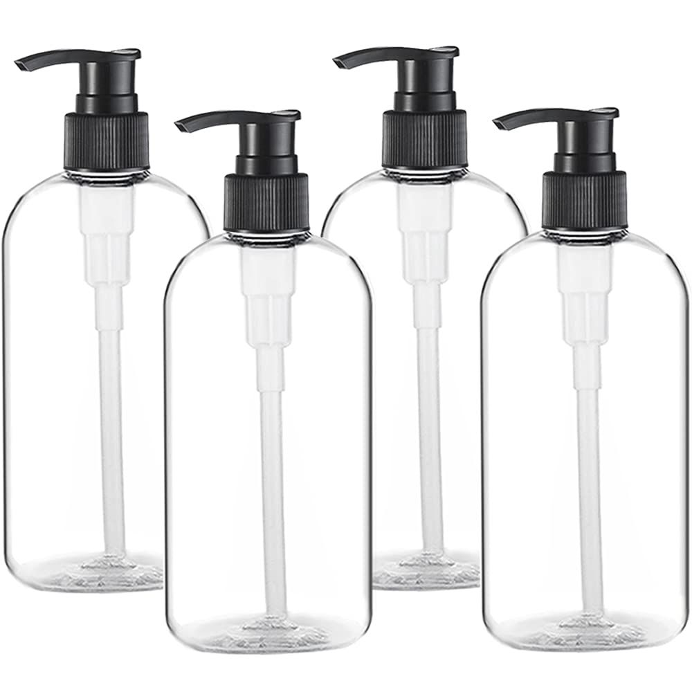 Empty Plastic Pump Bottles Dispenser 4 Pack 16oz500ml Portable Clear BPA-Free Cylinder Shampoo Lotion Hand Pump Bottle Durable Refillable Containers for Massage Oil, Liquid Soap