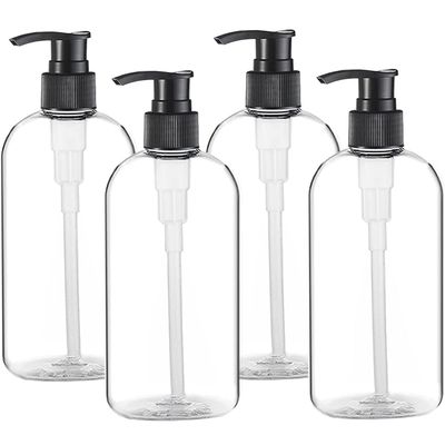 Empty Plastic Pump Bottles Dispenser 4 Pack 16oz500ml Portable Clear BPA-Free Cylinder Shampoo Lotion Hand Pump Bottle Durable Refillable Containers for Massage Oil, Liquid Soap