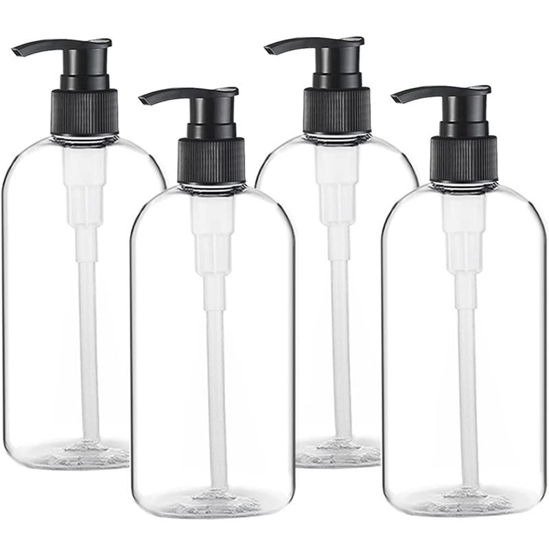 Empty Plastic Pump Bottles Dispenser 4 Pack 16oz500ml Portable Clear BPA-Free Cylinder Shampoo Lotion Hand Pump Bottle Durable Refillable Containers for Massage Oil, Liquid Soap