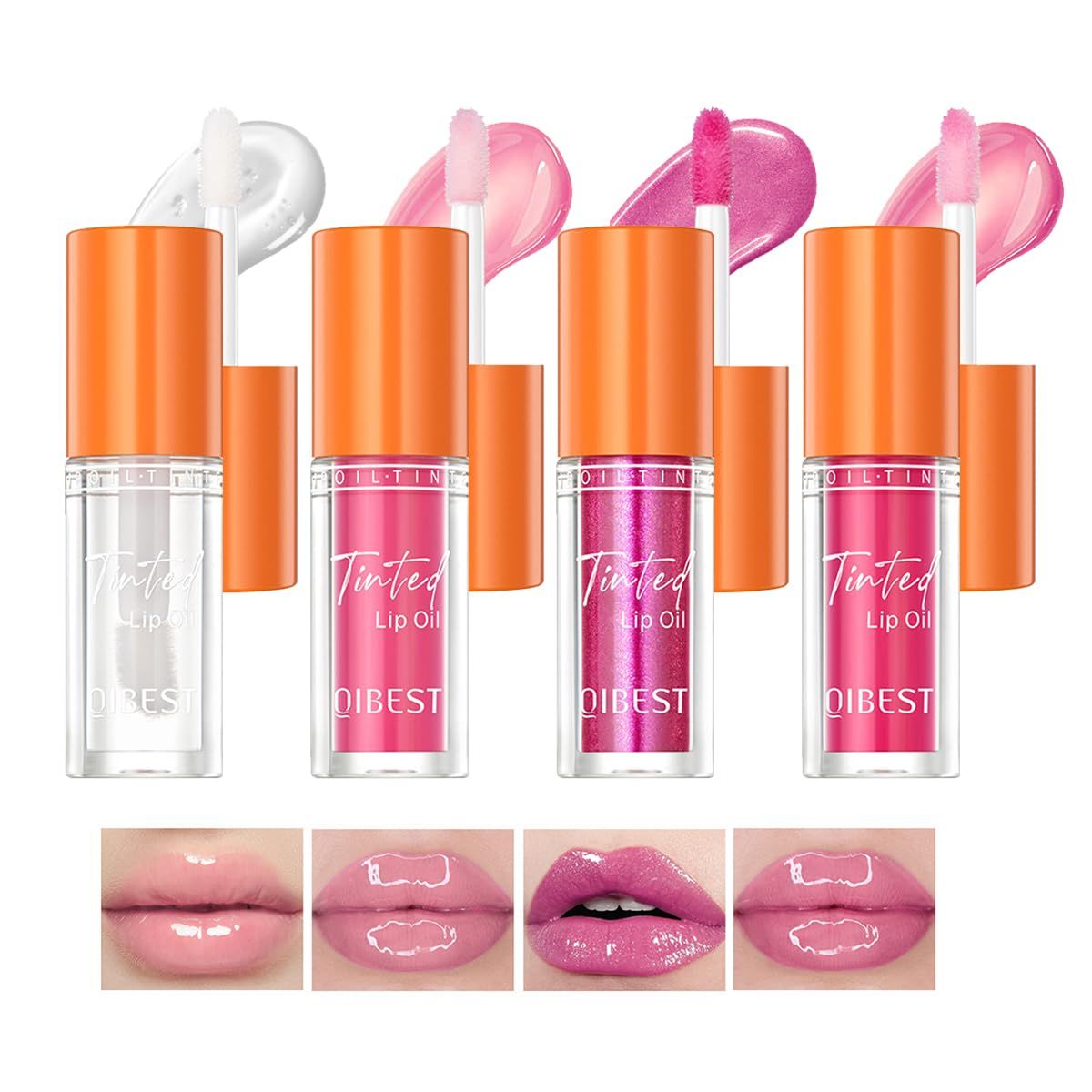 Hulyfw 4Pcs Hydrating Lip Glow Oil,Moisturizing Lip Oil Big Brush Head Long Lasting Hydrating Shimmery Transparent,Glass Lip Glow Oil Nourishing Repairing &amp; Non-sticky Lip Gloss Makeup Set A