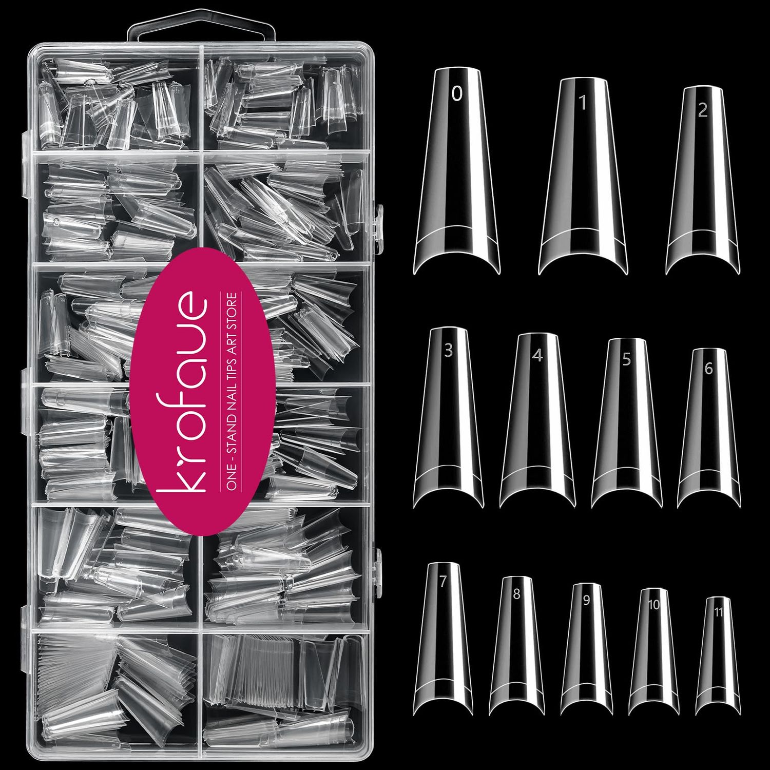 600PCS Half Cover Coffin Nail Tips - Acrylic Nail Tips, krofaue 12 Size Clear Nail Tips, Half Cover Acrylic False Nail Tips With Box for Nail Tips Art Salons and Home DIY (Clear)