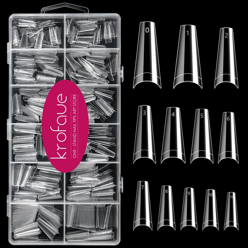 600PCS Half Cover Coffin Nail Tips - Acrylic Nail Tips, krofaue 12 Size Clear Nail Tips, Half Cover Acrylic False Nail Tips With Box for Nail Tips Art Salons and Home DIY (Clear)