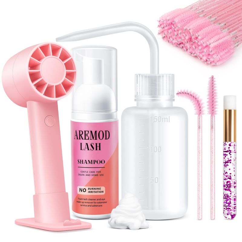 TOEDO Lash Shampoo for Eyelash Extensions, Lash Shampoo Kits with Lash Fan 60ML Lash Shampoo, Eyelash Foaming Brush Eyelid Makeup Remover Cleanser Lash Bath Kit (Pink)