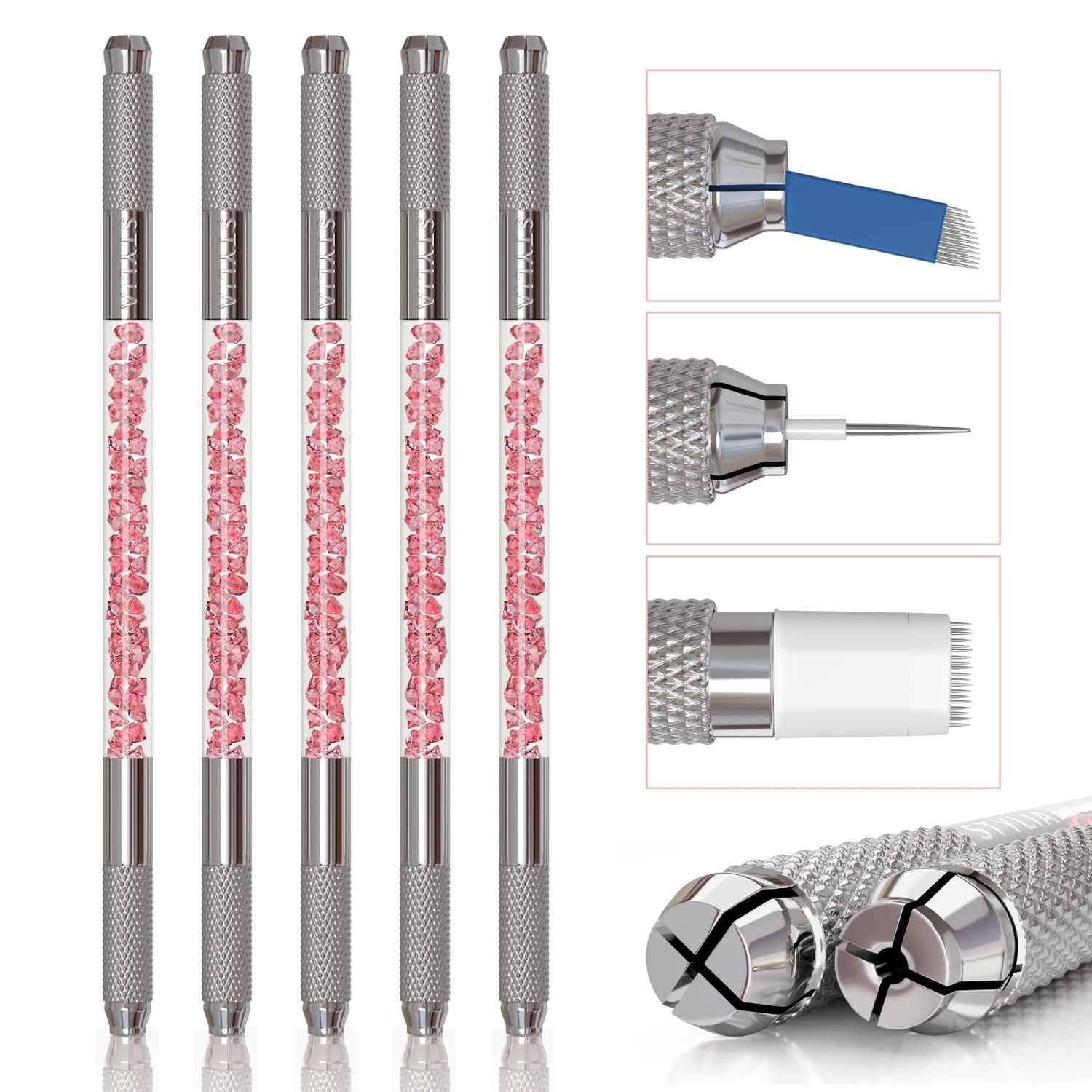 Microblading Supplies 5 Piece Double Sided Manual Tattoo Pen Kit for Permanent Makeup Supplies | Durable Aluminum Pen With Lock-Pin Tech &amp; Ergonomic Grip | Shape Eye Brows, Pink