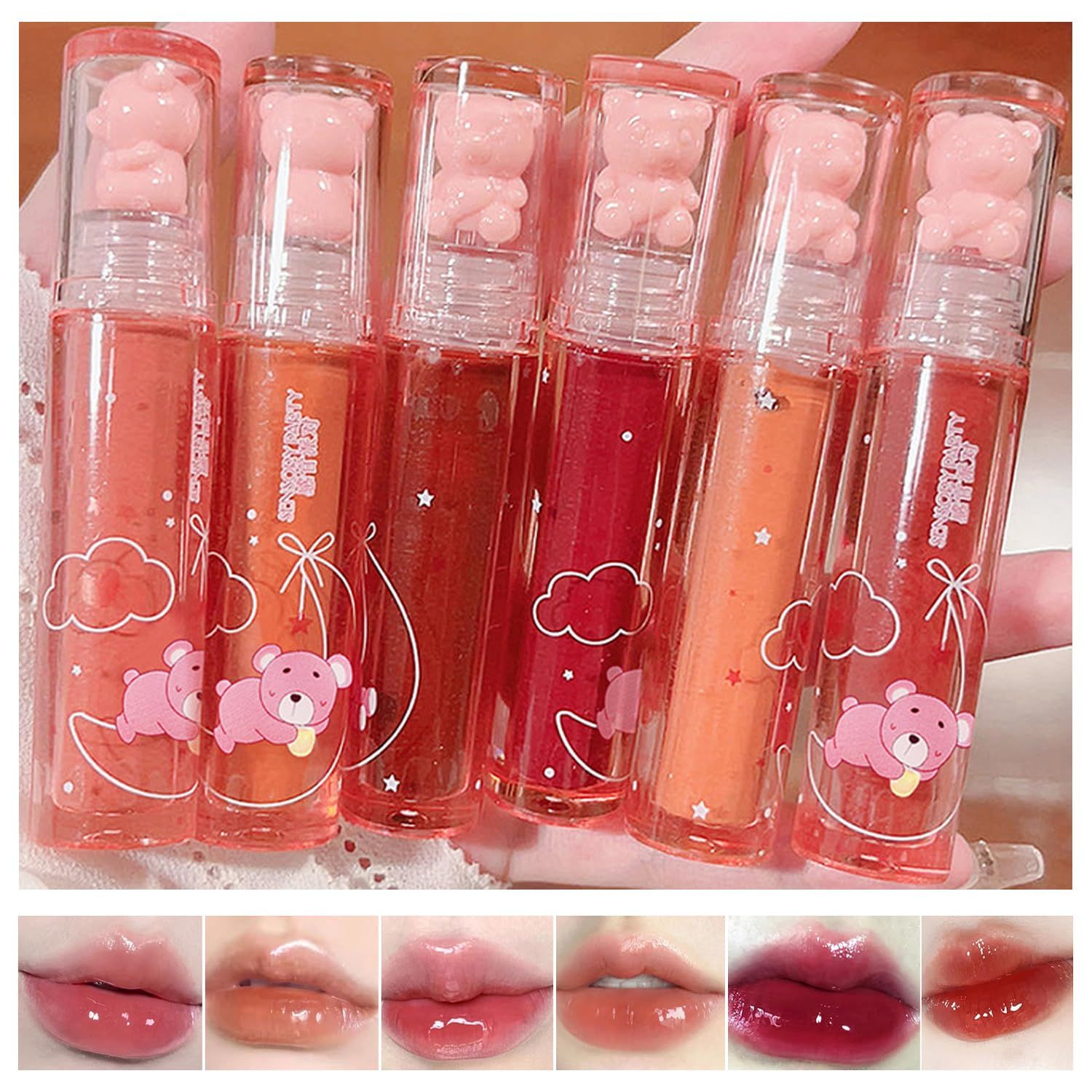 Yasovigi 6pcs Jelly Lip Gloss Bear Lip Stain Moisturizing Watery Lipstick Waterproof Long Lasting Cheek Cosmetics Beauty Lip Tint Makeup