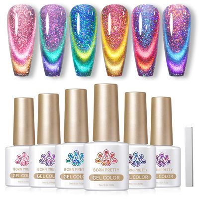 Born Pretty Cat Magnetic Gel Nail Polish 9D Chameleon Holorgraphic Cat Magnetic Eye Gel Polish Glitter Gel Polish Set 6PCS