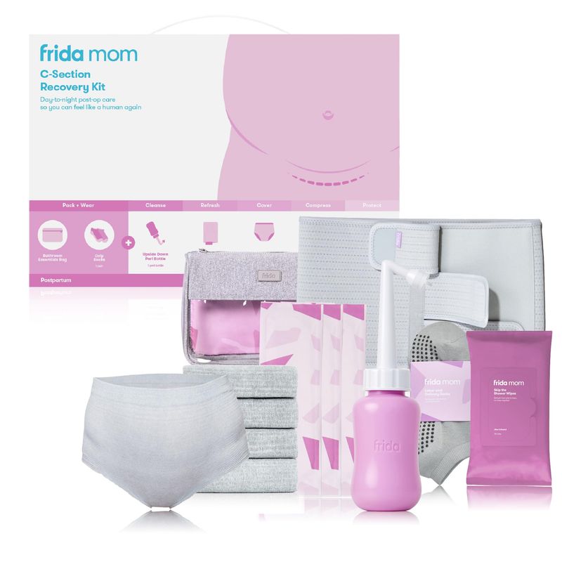 Frida Mom C-Section Recovery Must Have Kit for Labor, Delivery, &amp; Postpartum, Socks, Peri Bottle, Disposable Underwear, Abdominal Support Binder, Shower Wipes, Silicone Scar Patches, &amp; Toiletry Bag