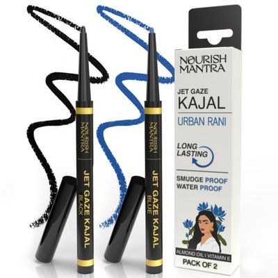 NOURISH MANTRA Jet Gaze Kajal Urban Rani - Combo - Black &amp; Blue 0.35g | With Almond Oil, Argan Oil &amp; Vitamin E | Intense Pigmentation | Smudge Proof | Water Proof | Long Lasting