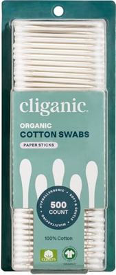 Cliganic Organic Cotton Swabs, 500 Count - 100% Pure Natural Cotton, Chlorine-Free Hypoallergenic, Soft, Gentle &amp; Absorbent Buds