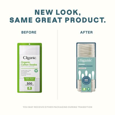 Cliganic Organic Cotton Swabs, 500 Count - 100% Pure Natural Cotton, Chlorine-Free Hypoallergenic, Soft, Gentle &amp; Absorbent Buds