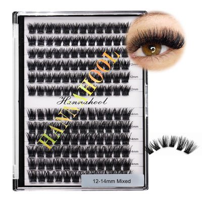 Hannahool 12rows-Large Tray Mixed 8-10-12-14-16mmMixed 14-15-16mmMixed14mm-16mmMixed 18-20mm Wide Stem Individual False Eyelashes Dramatic Black Cluster Eyelashes (mixed 12-14mm)