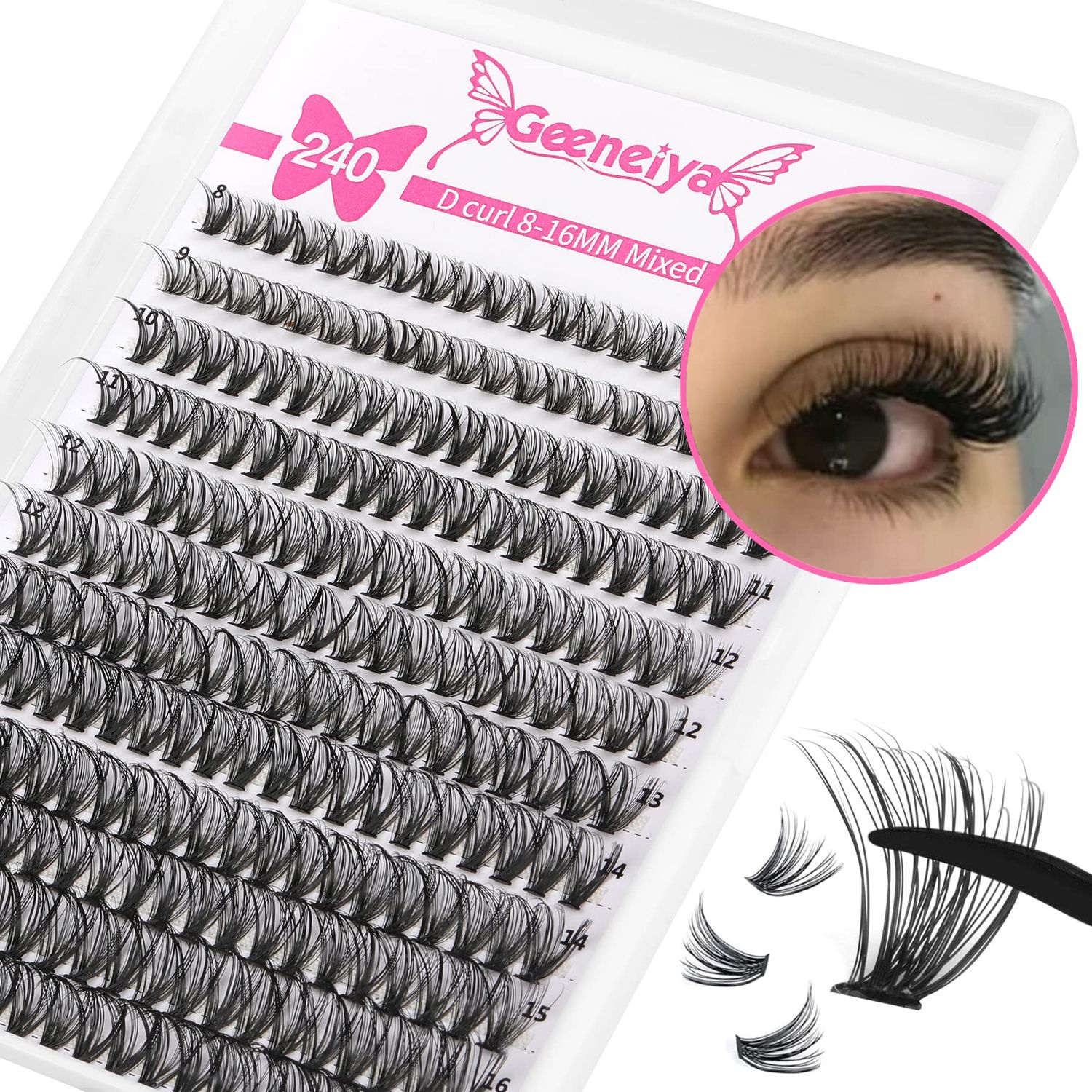 Geeneiya Wispy Lash Clusters 40D Eyelash Clsuters DIY Individual Lashes Cluster Eyelash Extensions D Curl 8910111213141516MM Mix Eyelash Extensions, Thin Band