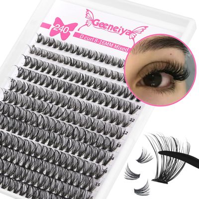 Geeneiya Wispy Lash Clusters 40D Eyelash Clsuters DIY Individual Lashes Cluster Eyelash Extensions D Curl 8910111213141516MM Mix Eyelash Extensions, Thin Band