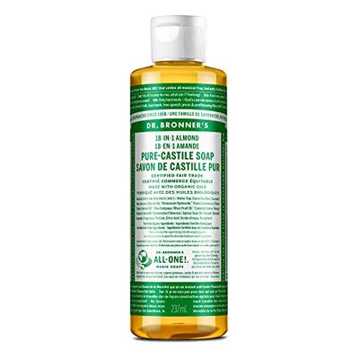 Dr. Bronner&#39;s - Pure-Castile Liquid Soap (Almond, 8 ounce) - Made with Organic Oils, 18-in-1 Uses Face, Body, Hair, Laundry, Pets and Dishes, Concentrated, Vegan, Non-GMO