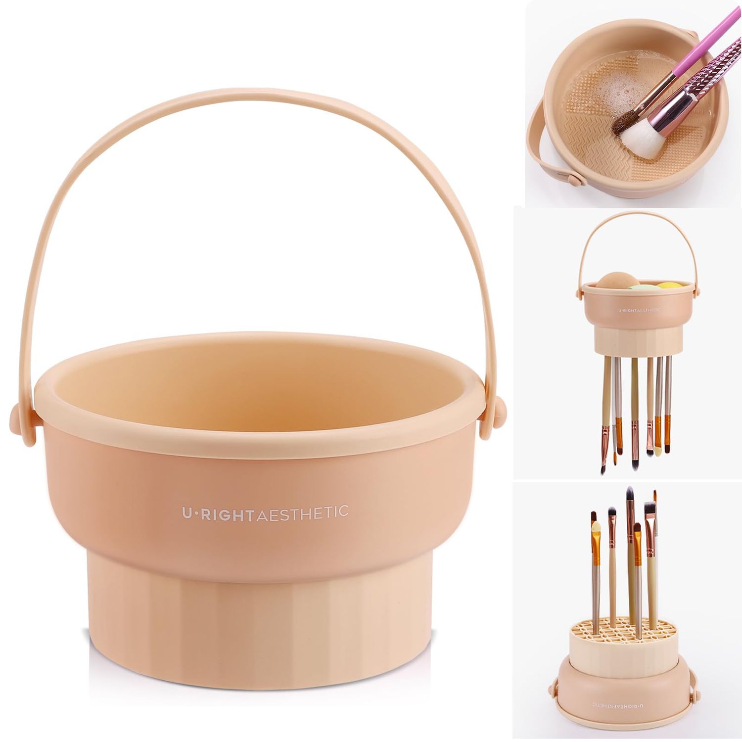 Makeup Brush Cleaner Mat 3 in 1 Silicone Makeup Brush Cleaner Bowl Cosmetic Brushes Cleaning Tool Organizer for Storage and Air DryingKhkai)