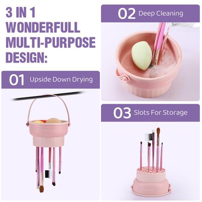 Makeup Brush Cleaner Mat 3 in 1 Silicone Makeup Brush Cleaner Bowl Cosmetic Brushes Cleaning Tool Organizer for Storage and Air DryingKhkai)